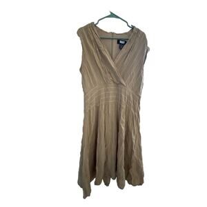 DNKY beige Linen Cotton Blend V Neck Wrap Knee Easter Dress Tie Sz 14 Striped